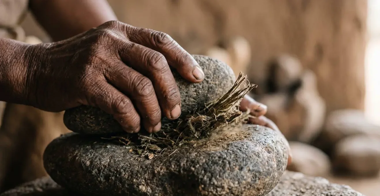 Extreme close-up of weathered San hands preparing medicinal plants
