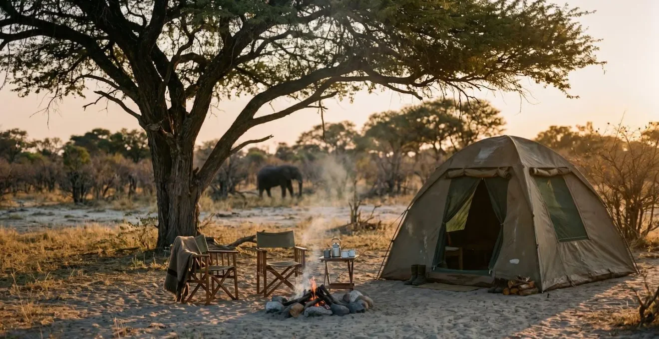Safari tent under large acacia tree in Savuti at dusk with campfire smoke