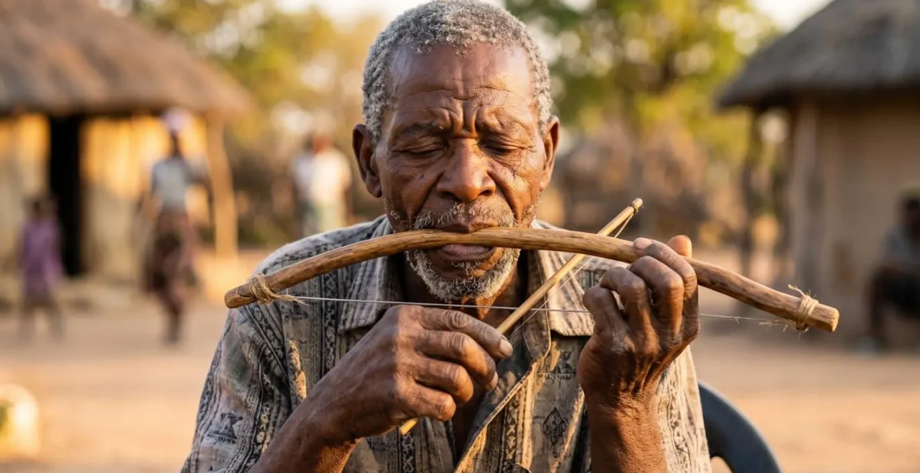 Botswana musician playing the traditional Segaba mouth-bow instrument in natural setting
