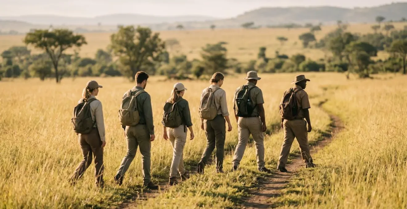 A safari group walking in a perfect single file line through the tall golden grass of the African bush.