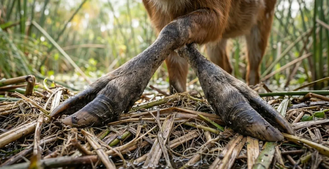 Sitatunga antelope partially hidden in dense papyrus reeds near water