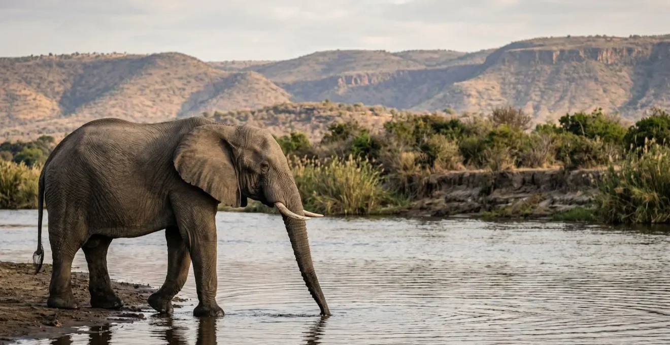 Demonstration of lens compression effect with elephant against Chobe River background