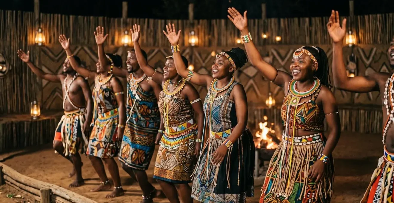 A group of African choir members in vibrant traditional attire performing energetically with joyful expressions during an evening boma dinner.