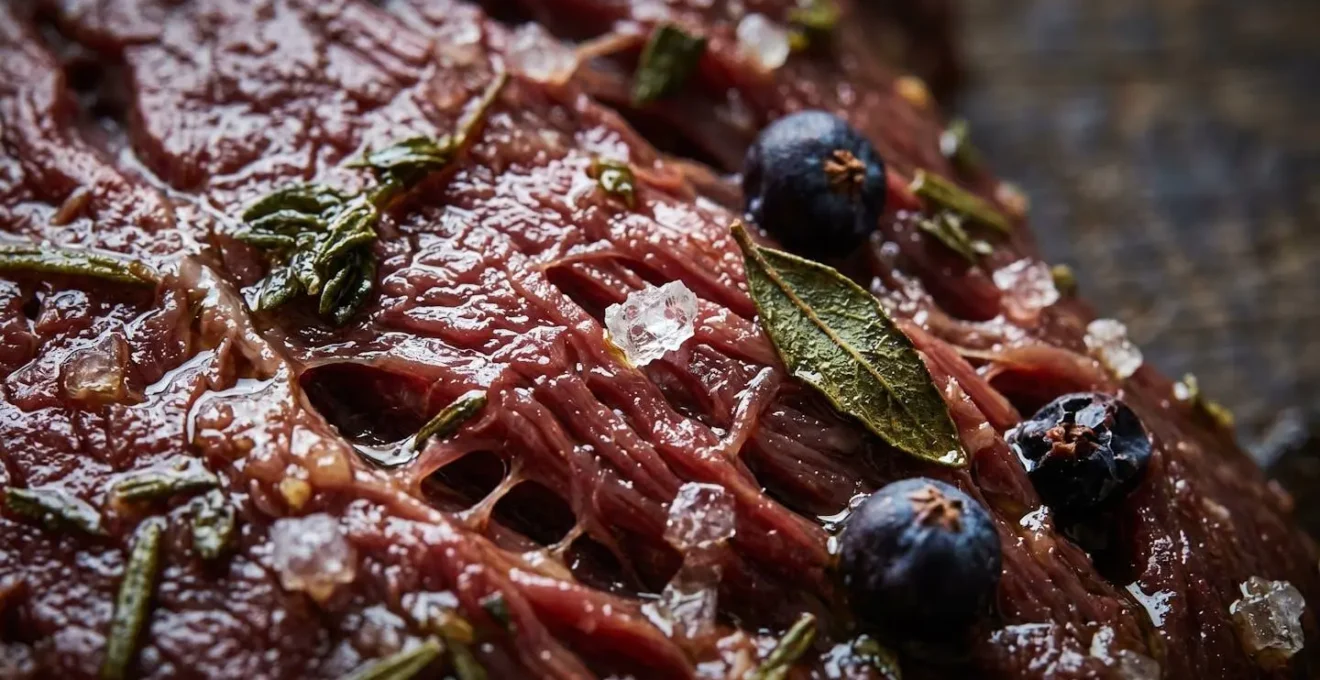 Macro shot of game meat texture with indigenous herbs and spices