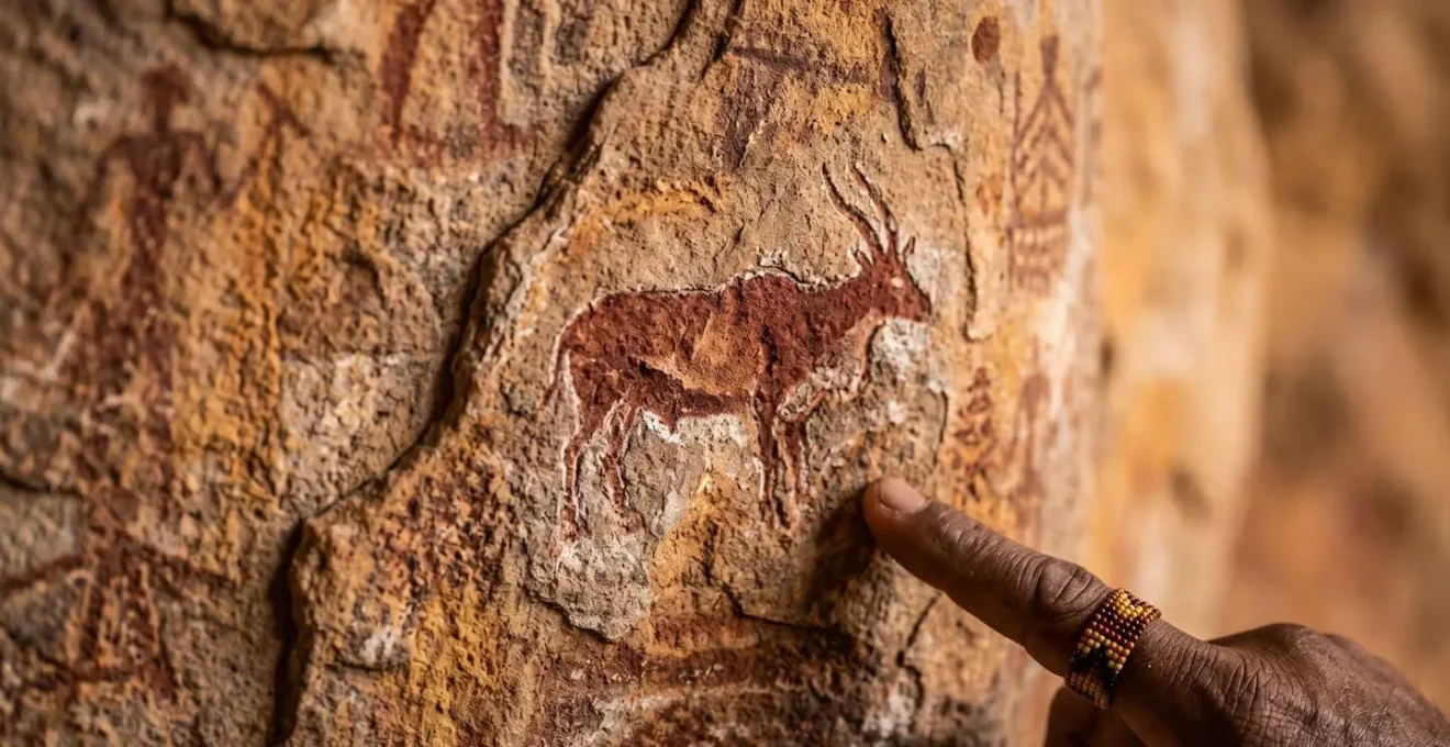 Ancient rock paintings at Tsodilo Hills with traditional guide explaining significance