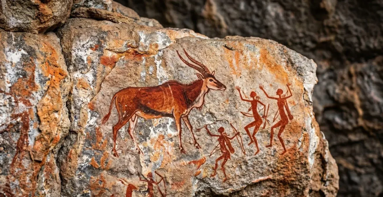 Close-up macro shot of red ochre San rock painting showing eland and human figures in trance dance