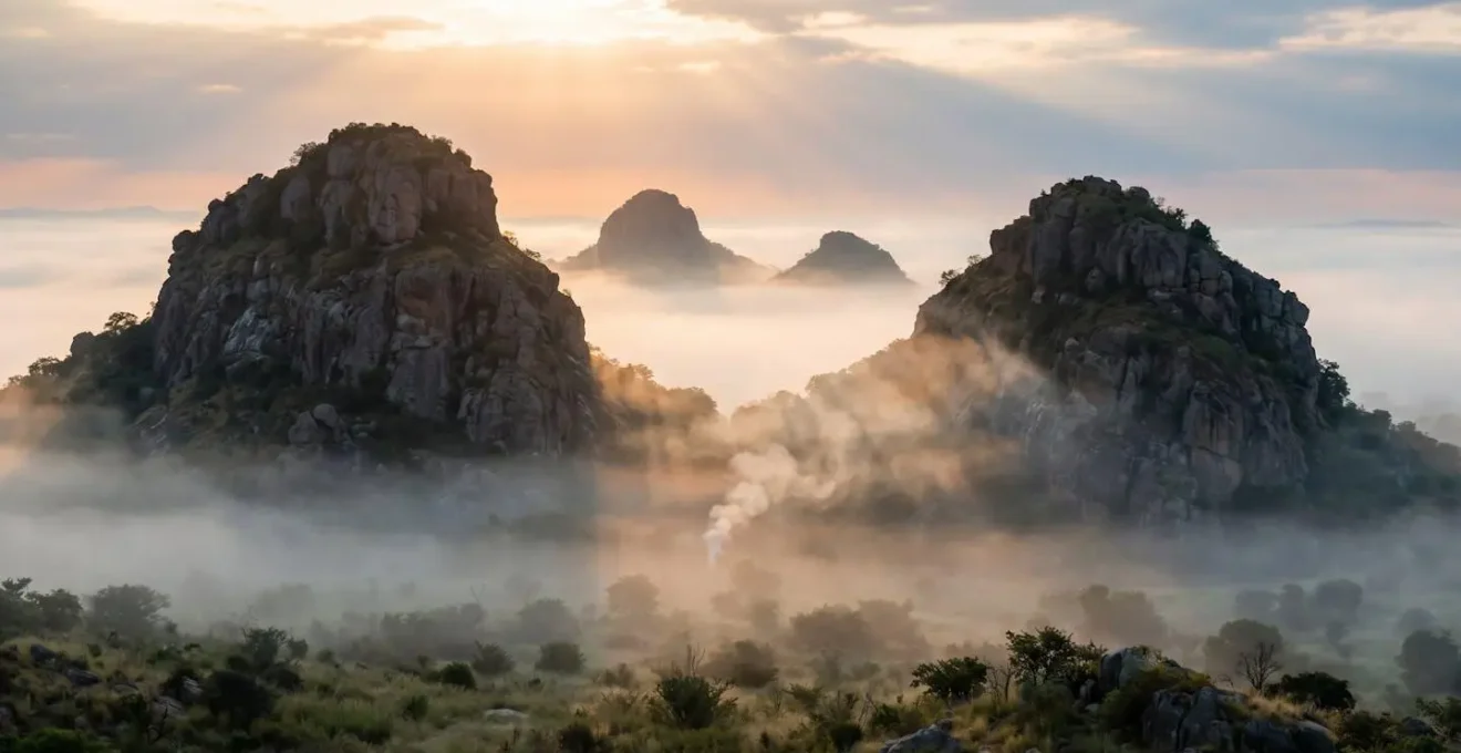 Mystical view of Male and Female Hills at dawn with ceremonial smoke rising between rock formations