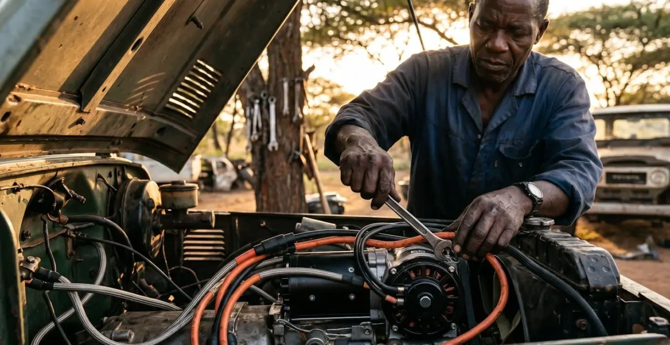 Classic Land Cruiser being converted to electric in outdoor workshop at golden hour