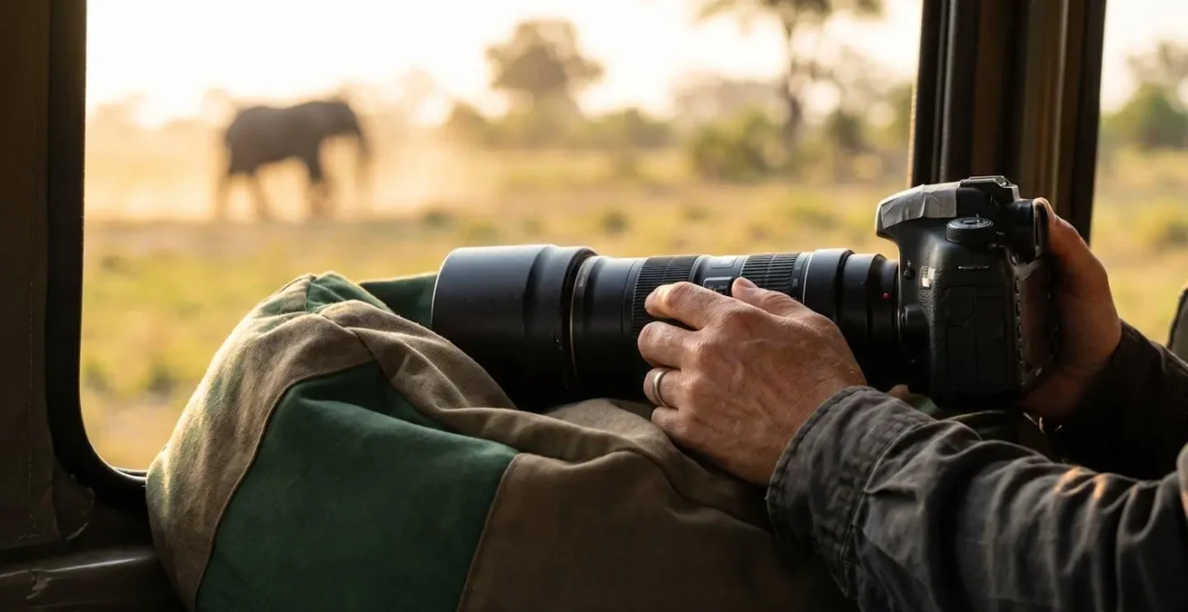 A telephoto camera lens resting on a beanbag on a safari vehicle's door, ready for wildlife photography in the Okavango.