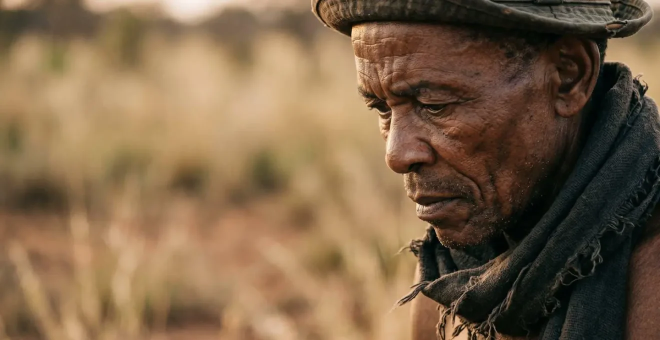 Profile of experienced tracker in deep concentration studying the ground at dawn