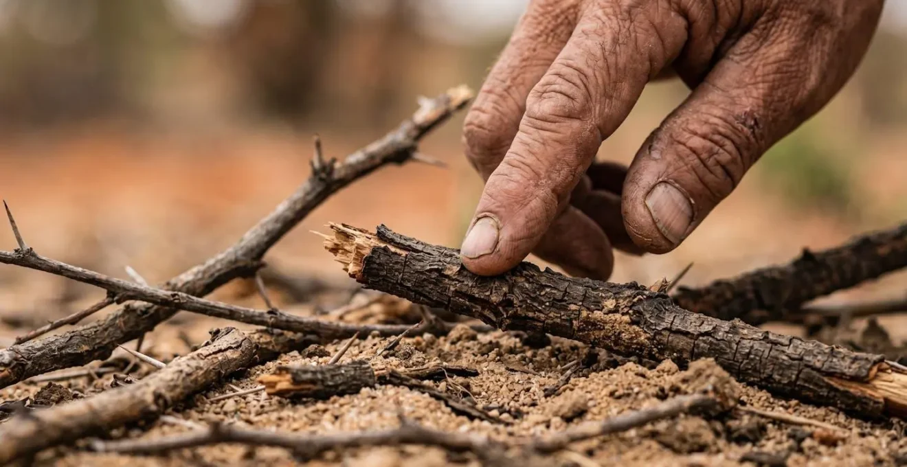 Close-up of tracker's hands examining broken twigs and disturbed leaves on the ground