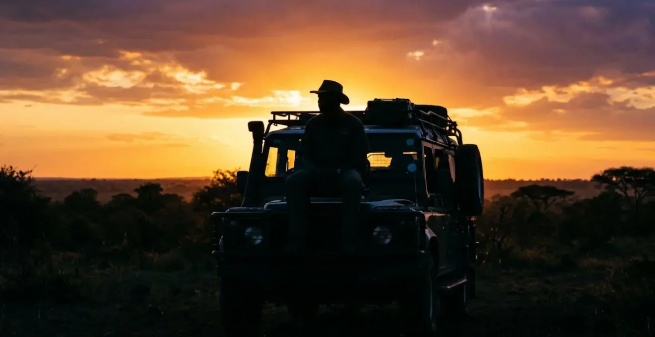 Silhouette of tracker on special seat at front of safari vehicle against sunset sky